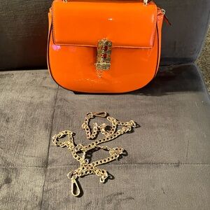Orange is the New Black - Orange Patent Crossbody Bag with Gold Chain